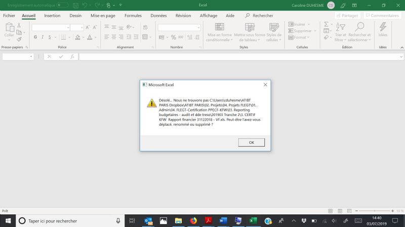Message erreur ouverture fichier Excel