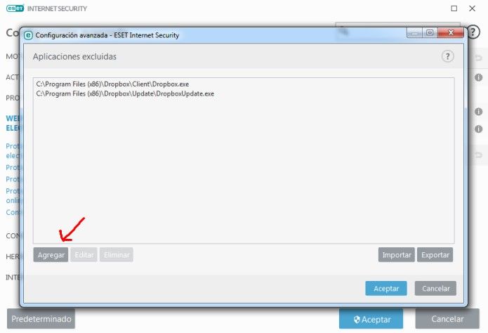 Al hacer clic aparece una lista, donde seleccionamos Dropbox.ese y DropboxUpdate.exe para añadir. Luego se hace clic en Aceptar y de nuevo Aceptar (con el logo del escudo)