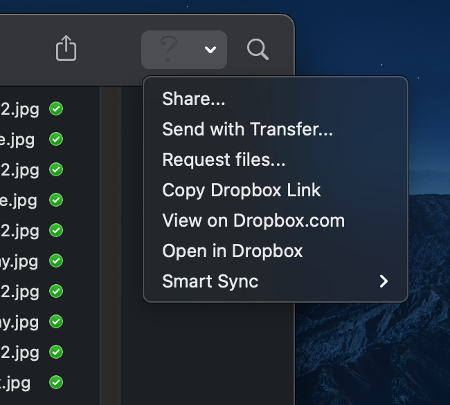 The dropbox menu in the finder bar has no icon but a "missing signial" question dot. "menu