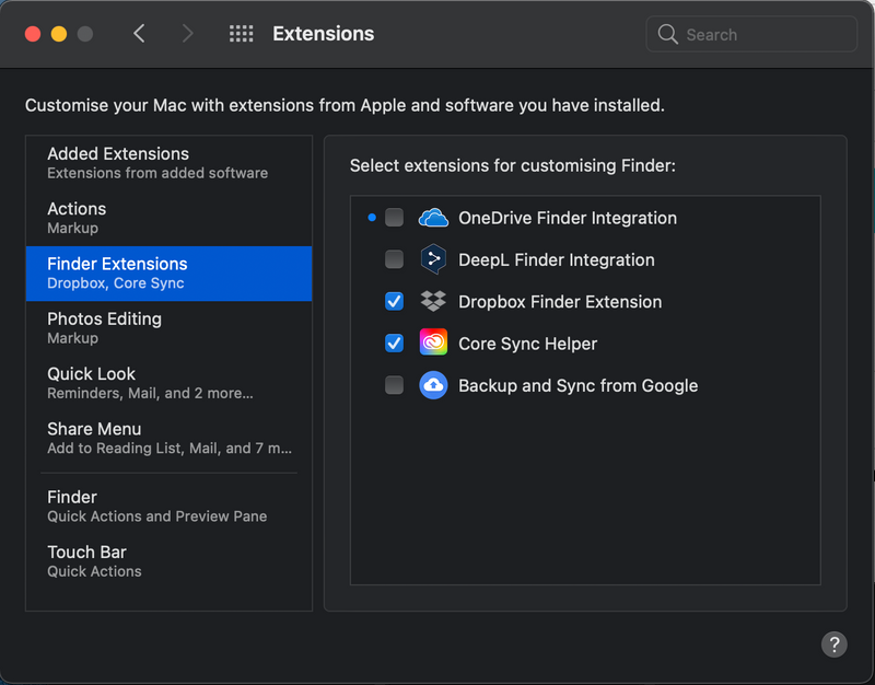 6. Deactivate and re-activate "Dropbox Finder Extension"