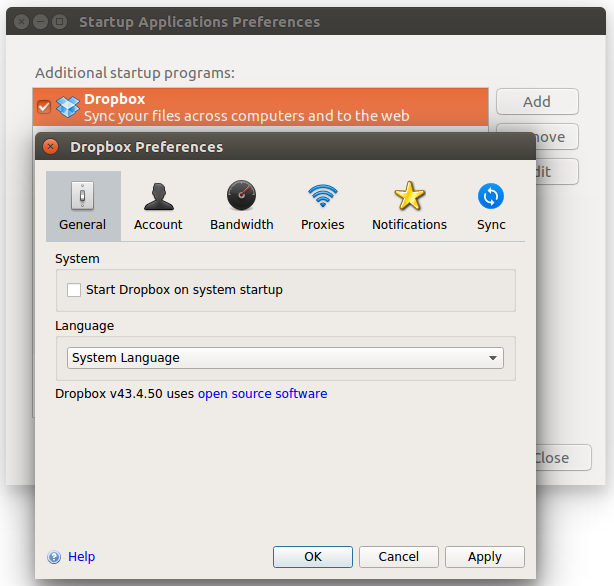 Dropbox pref in front and Ubuntu startup pref in back