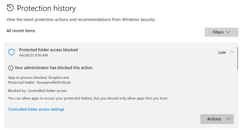 Windows Defender Protected Folder Error