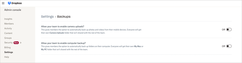 Dropbox Admin Center - Backup Disabled