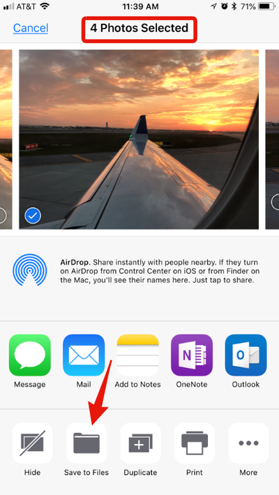 Four photos selected; choose Save to Files