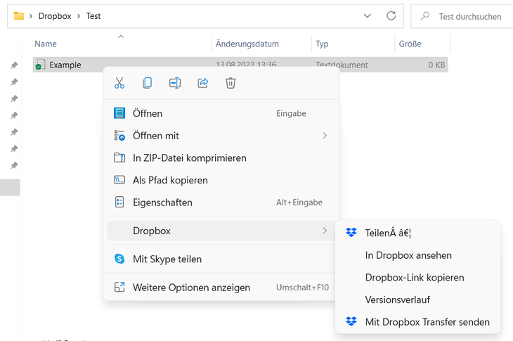Example of the current problem with the Dropbox context menu entry in Windows 11