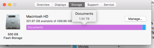 says documents is 1.34 TB on my hard drive. NOt sure how that can really be as I only have a 500GB storage harddrive