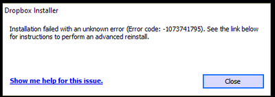 Installation Failed Error Code 1073741795 | The Dropbox Community