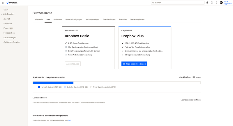 Dropbox sagt, dass ich kein Plus hätte, aber trotzdem 2TB Speicherplatz.