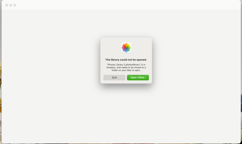 Thanks for keeping in touch, I appreciate it. When I try to access my iPhoto library I just get this.  I can't access iPhotos.  I want to be able to access my iPhone photos on my iMac so that I can put my iPhone photos into separate folders on my iMac which is what I used to be able to do before the latest DropBox OS update