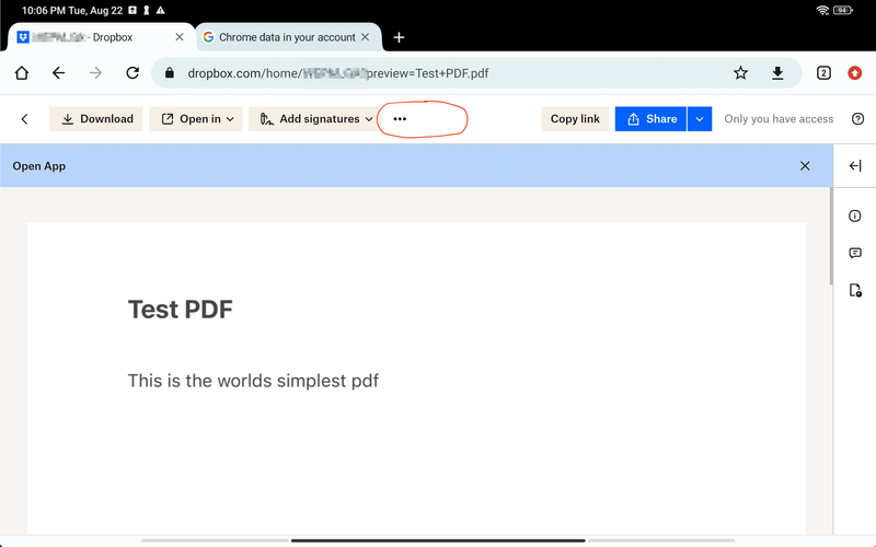 Dropbox in browser, the circled area is where the edit button is on an iPad