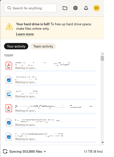 dropbox status even after running manage hard drive space